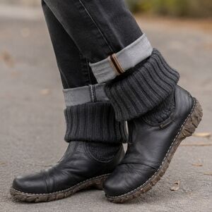 El Naturalista Black Leather Ankle Boots Knit Cuff EU 36 US 6 Comfort Boho